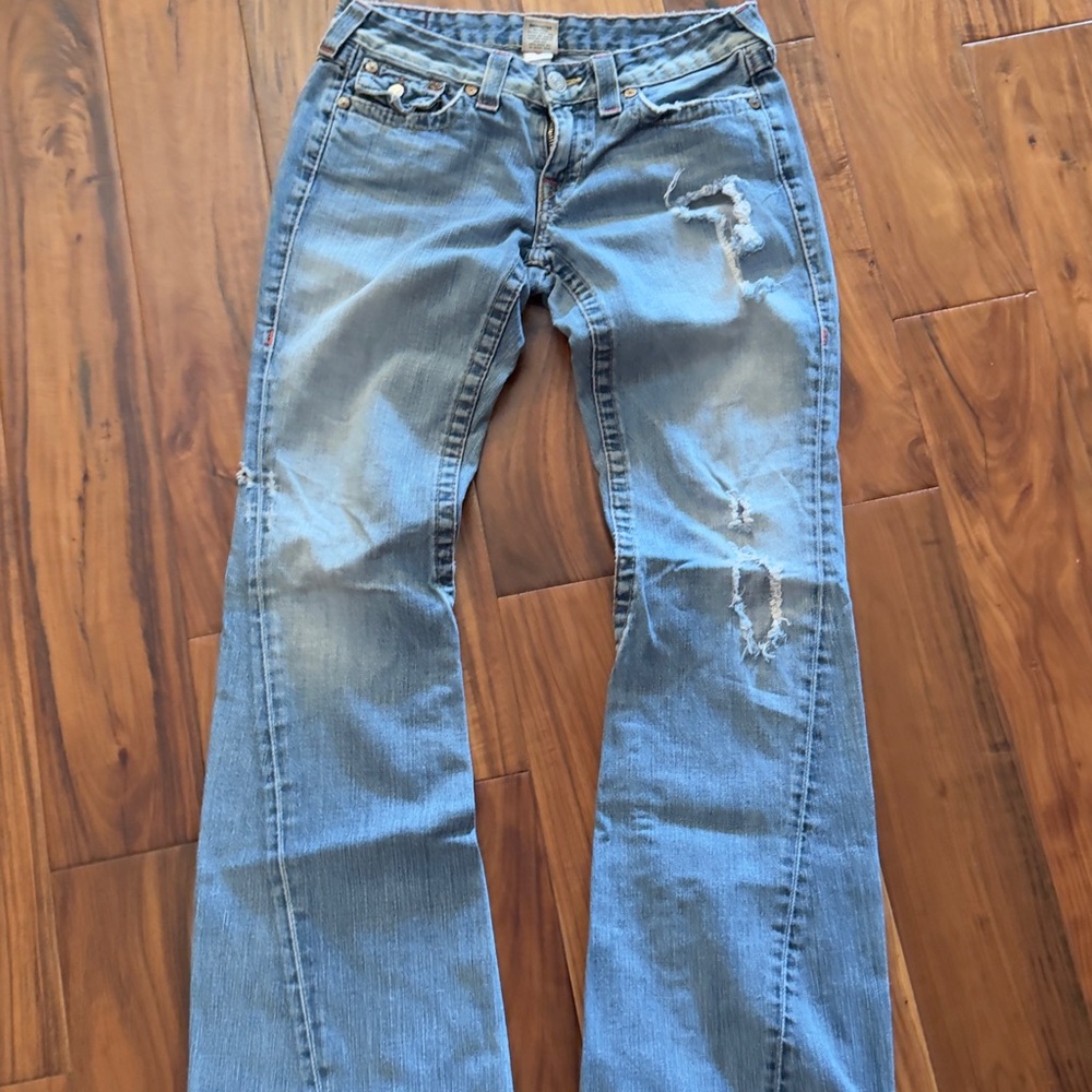 True Religion Flare Wide Leg Denim Jeans with Distressed Details